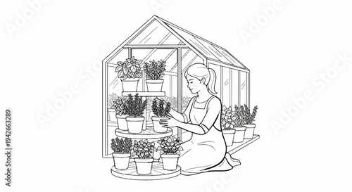 Woman tending plants in a greenhouse