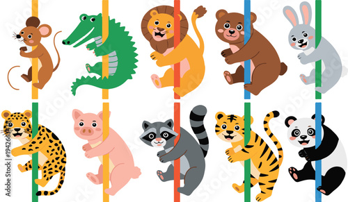 Cartoon animals climbing colorful poles on white background  fun playful illustration