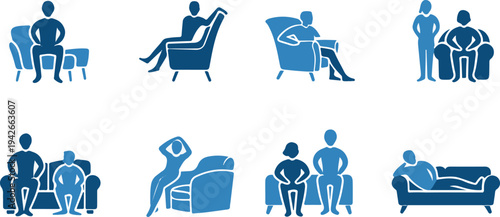 Set of blue silhouette people sitting on sofa chairs and couches in various relaxing positions  isolated on transparent background