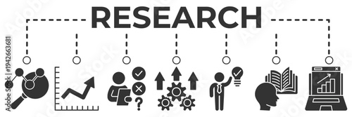 Research banner web icon vector illustration for analysis and innovation concept with investigation, data analysis, problem solving, experiment, idea generation and scientific study icons