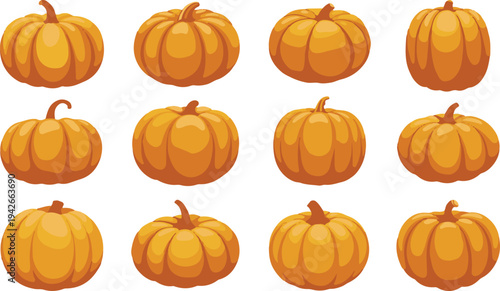 Cartoon orange pumpkins in rows on white background for halloween or autumn decoration