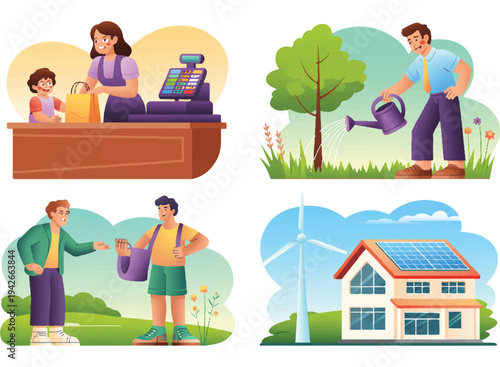 Eco friendly lifestyle and sustainable living concept with people doing green activities