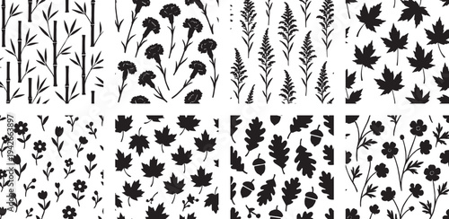 Nature Plant and Maple Leaf Silhouette Pattern Bundle