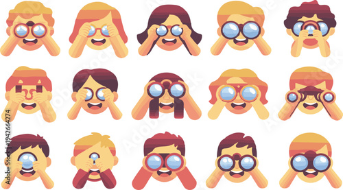Cartoon people looking through binoculars in various expressions and poses  people faces with binoculars