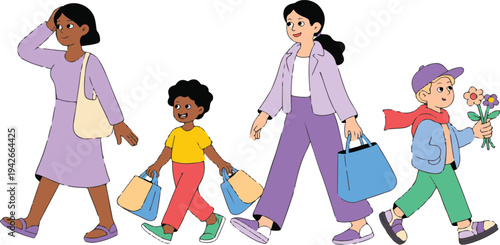 Cartoon illustration of diverse family walking together with shopping bags and flowers