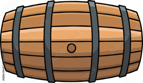 Cartoon wooden barrel with metal hoops isolated on transparent background