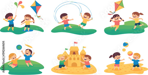 Children playing outside in park with kites and balls and building sand castle