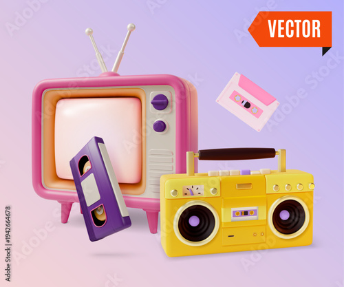 3d Colorful Retro Electronics Analog Device Television, Boombox, and Video Cassette Concept Cartoon Design Style. Vector illustration
