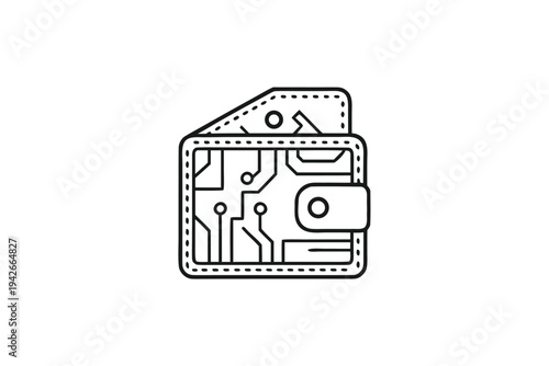 Stylized Black Outline Wallet with Circuit Board Pattern on White Background