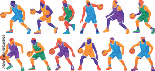 Set of colorful basketball players in different poses with balls on white background  sports illustrations
