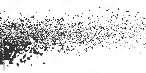 Abstract an evocative artistic design, it portrays a dynamic arrangement of dark fragments transitioning into wispy formations, against a clean backdrop. 