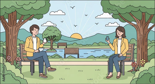 Couple Relaxing on Park Benches.