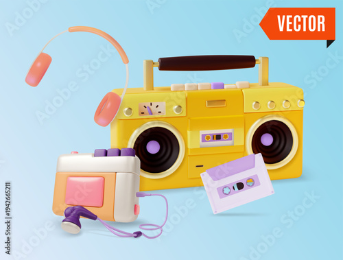3d Colorful Retro Electronics Analog Device Boombox, Headphones and Cassette Player Concept Cartoon Design Style. Vector illustration
