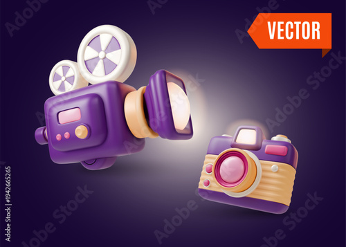 3d Colorful Retro Electronics Analog Device Video Camera and Photo Camera Concept Cartoon Design Style. Vector illustration