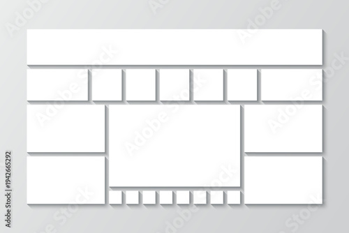 Mosaic pictures layout. Photoframe template. Photo collage mockup. Portfolio images frame. Moodboard grid. Retro gallery banner. Album brandboard. Vector illustration. Combination background