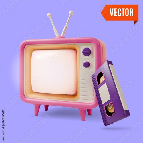 3d Colorful Retro Electronics Analog Device Television and Video Cassette Concept Cartoon Design Style. Vector illustration