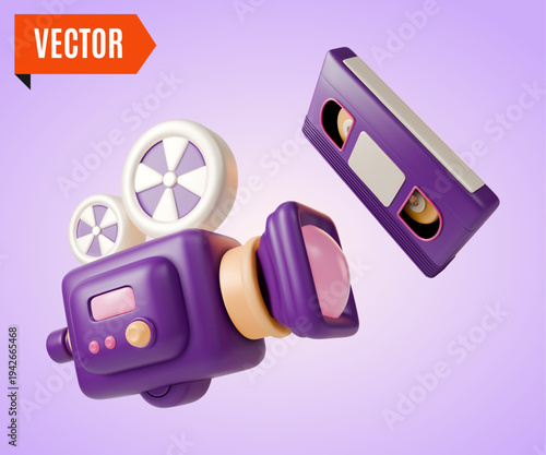 3d Colorful Retro Electronics Analog Device Video Camera and Video Cassette Concept Cartoon Design Style. Vector illustration