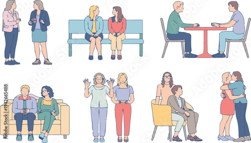 Collection of diverse people in various social interactions and everyday activities scenes