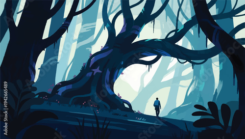 Illustration Of An Adventurer Exploring A Forest With Large Tree Roots Vector Design Template