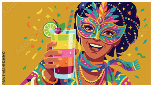 A joyful woman wearing a vibrant carnival mask holds a colorful cocktail at a celebration.