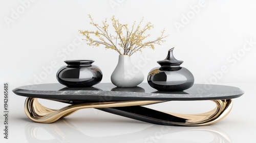 Modern coffee table with black vases and flowers