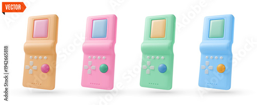 3d Colorful Retro Electronics Analog Device Blocks Video Game Set Concept Cartoon Design Style. Vector illustration