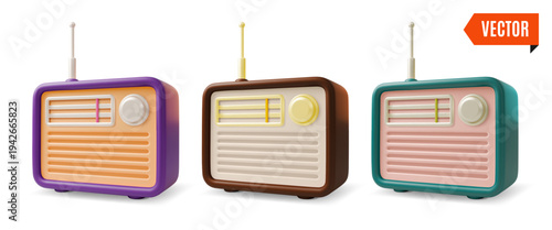 3d Different Color Retro Electronics Analog Device Radio Set Concept Cartoon Design Style Isolated on a White Background. Vector illustration