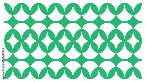 Geometric pattern composed of interconnected green circular shapes on white background