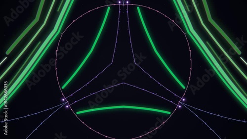 Abstract Neon Geometric Patterns with Pulsating Lights on Dark Background