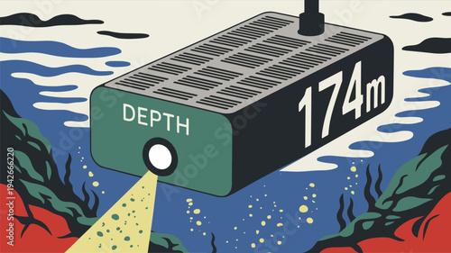 Underwater drone exploring seabed with powerful lights. Remote underwater drone investigating marine terrain and underwater structures.
