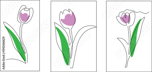 Tulip one line drawing.Abstract flowers continuous line. Minimalist contour drawing of tulip. Continuous line drawing of flower tulip.Hand drawn sketch of flowers with leaves