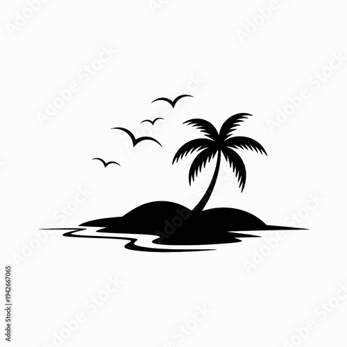 minimalist island getaway with palm tree and flying birds