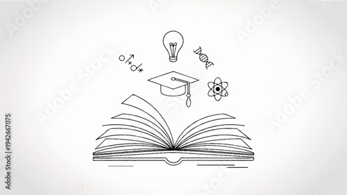 Open book with graduation cap and lightbulb symbolizing education and knowledge on a white background