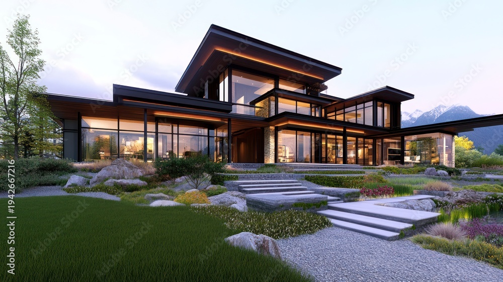 Fototapeta premium Modern house mountain view landscaping