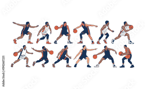Set of illustrations of men playing basketball in different poses with balls  action movements