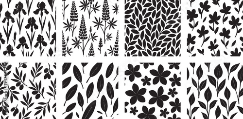 Exotic and Meadow Floral Silhouette Patterns with Iris and Plumeria