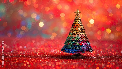 Tiny, sequined Christmas tree on a shimmering red glitter surface