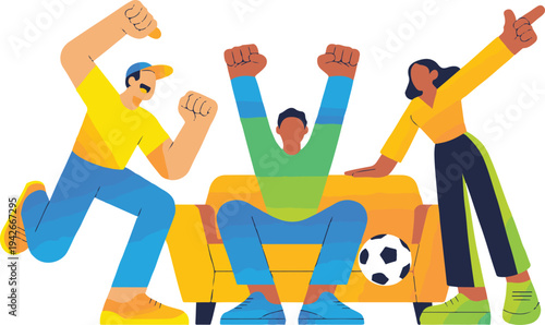 Three people celebrating a soccer victory with arms raised in excitement and joy together