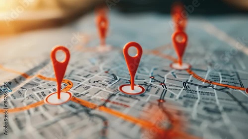 Map with red location pins and route line