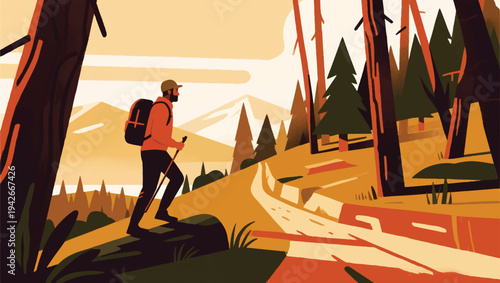 Illustration Of An Adventurer Exploring A Thin Forest On A Mountain Slope Vector Design Template