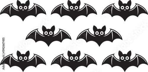 Seven cartoon bats with big eyes on white background for halloween decoration