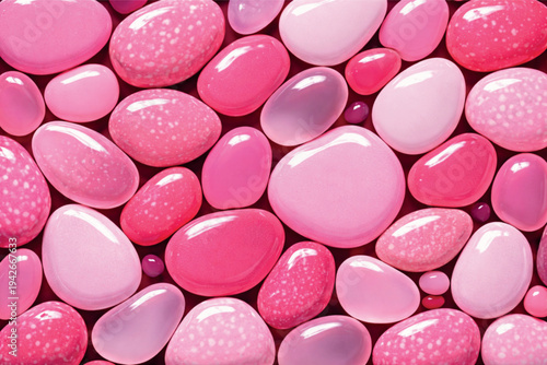 A macro shot of pink and white medicine pills and heart-shaped tablets arranged on a sweet candy background for healthcare, pharmacy, and Valentine medical care