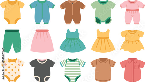 Collection of various colorful baby clothes and dresses for boys and girls  onesies and rompers