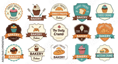 Collection of Vintage Bakery Logos and Labels with Cupcakes and Bread.