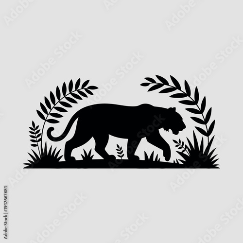 Silhouette of a majestic leopard stalking through a dense jungle. Vector