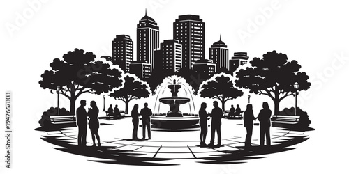 City Public Plaza Gathering Scene Silhouette, Silhouette Vector, Isolated on White Background