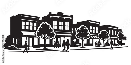 Small Downtown Street Scene Silhouette, Silhouette Vector, Isolated on White Background