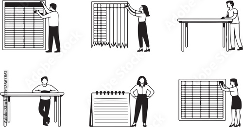 People interacting with office furniture and window blinds in various positions  business and workspace concepts