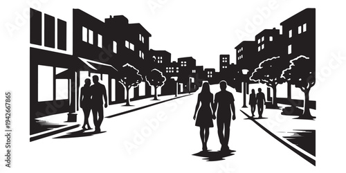 Urban Evening Walk Scene Silhouette, Silhouette Vector, Isolated on White Background