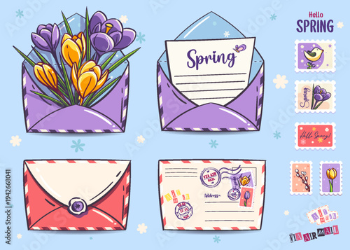 Spring Envelopes with Flowers and Stamps